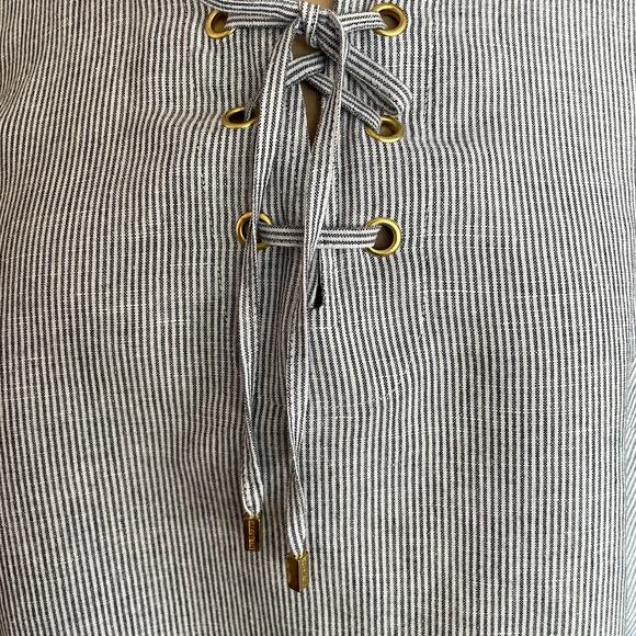 Ellen Tracy Linen Blend Popover Tunic Stripes Roll Tab Sleeves Lace Detail Sz XL - Picture 7 of 10